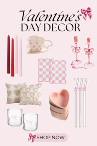 Pink Valentine's Day Home Decor with candles, mugs, glass straws, and bow candlestick holders