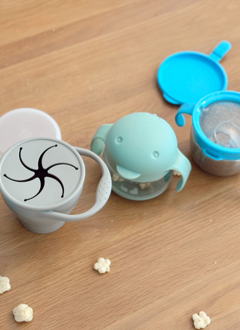 testing spill-proof snack cups for toddlers